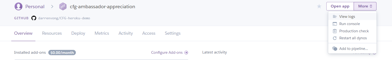 Error logs dropdown